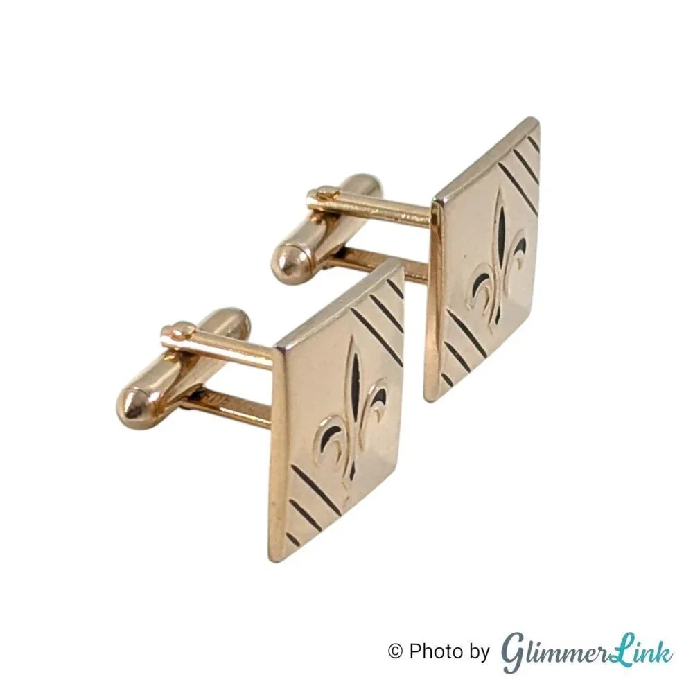 Vintage Swank Square Fleur de Lis Diagonal Stripes Gold Tone Cufflinks